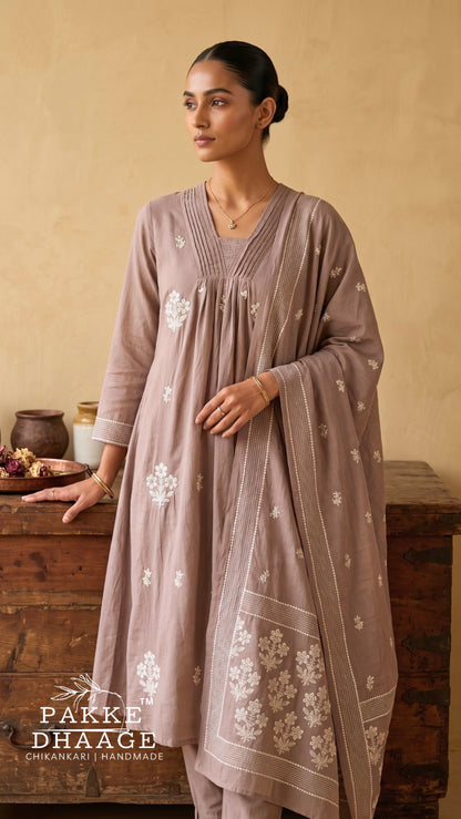 Muted Taupe Pin-Tuck A-Line Pure Cotton Kurta Set with Dupatta (3-Piece)
