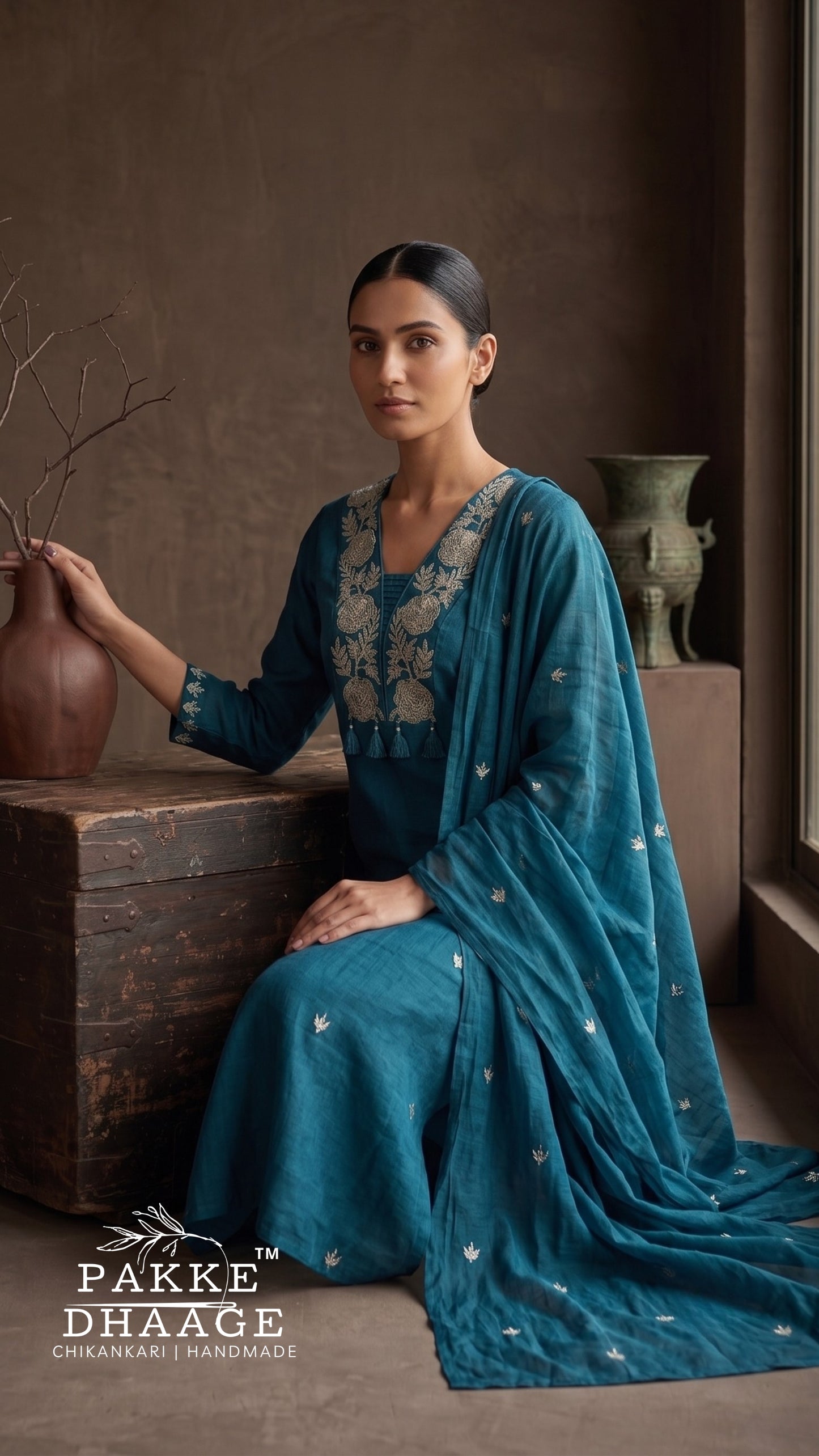 Teal Blue Pure Cotton Floral Embroidered Kurta Set with Dupatta (3-Piece) (Copy)