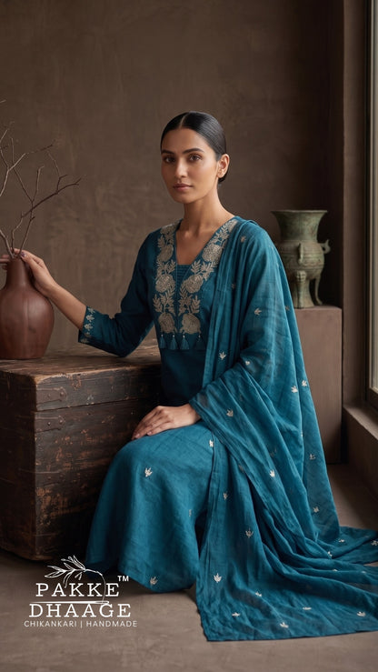 Teal Blue Pure Cotton Floral Embroidered Kurta Set with Dupatta (3-Piece) (Copy)