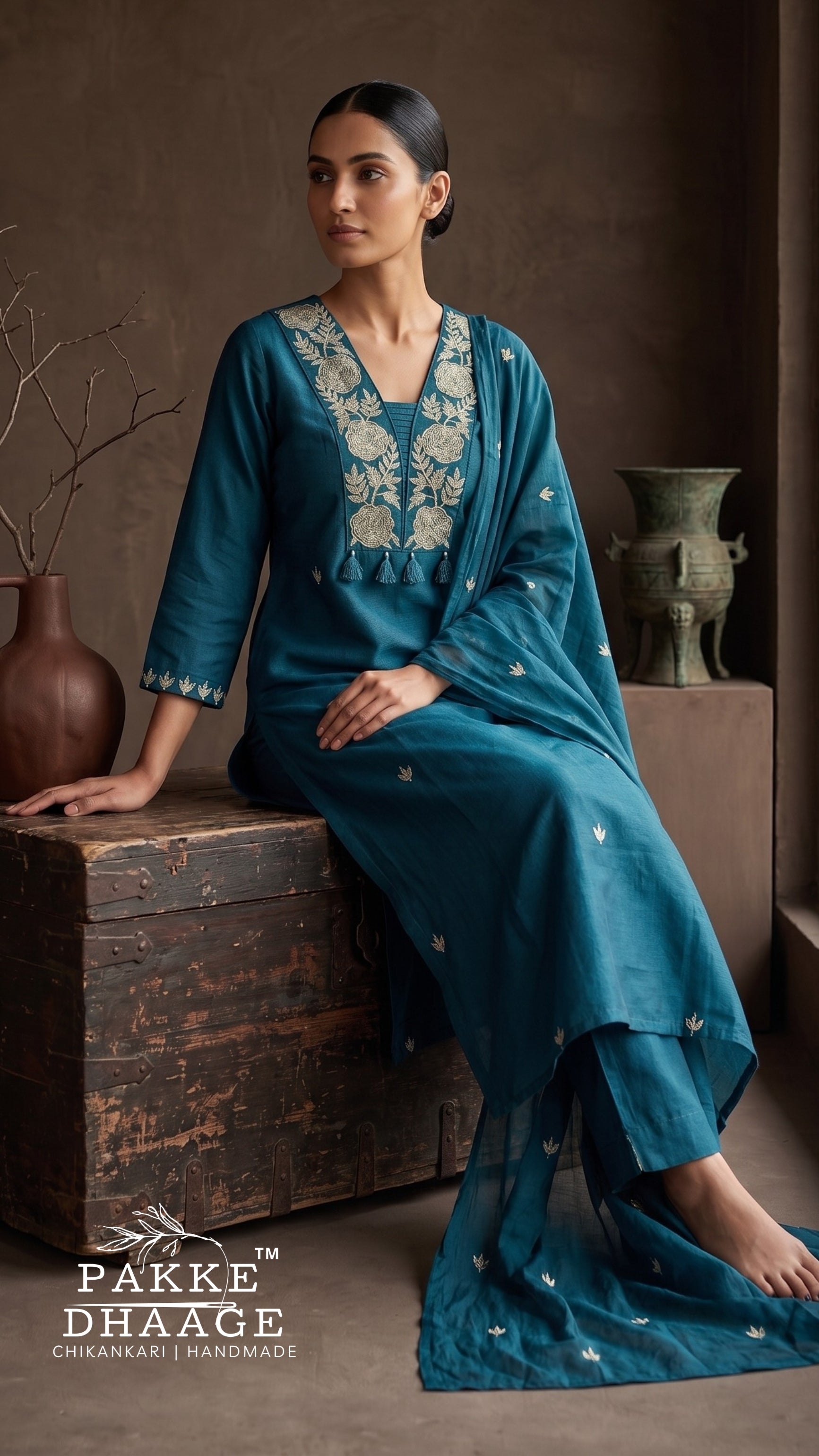 A woman models a teal blue ethnic salwar suit set with intricate silver embroidery, sitting on a rustic wooden chest in a warm, earthy studio setting. The brand logo 'Pakke Dhaage' is visible in the bottom-left corner.