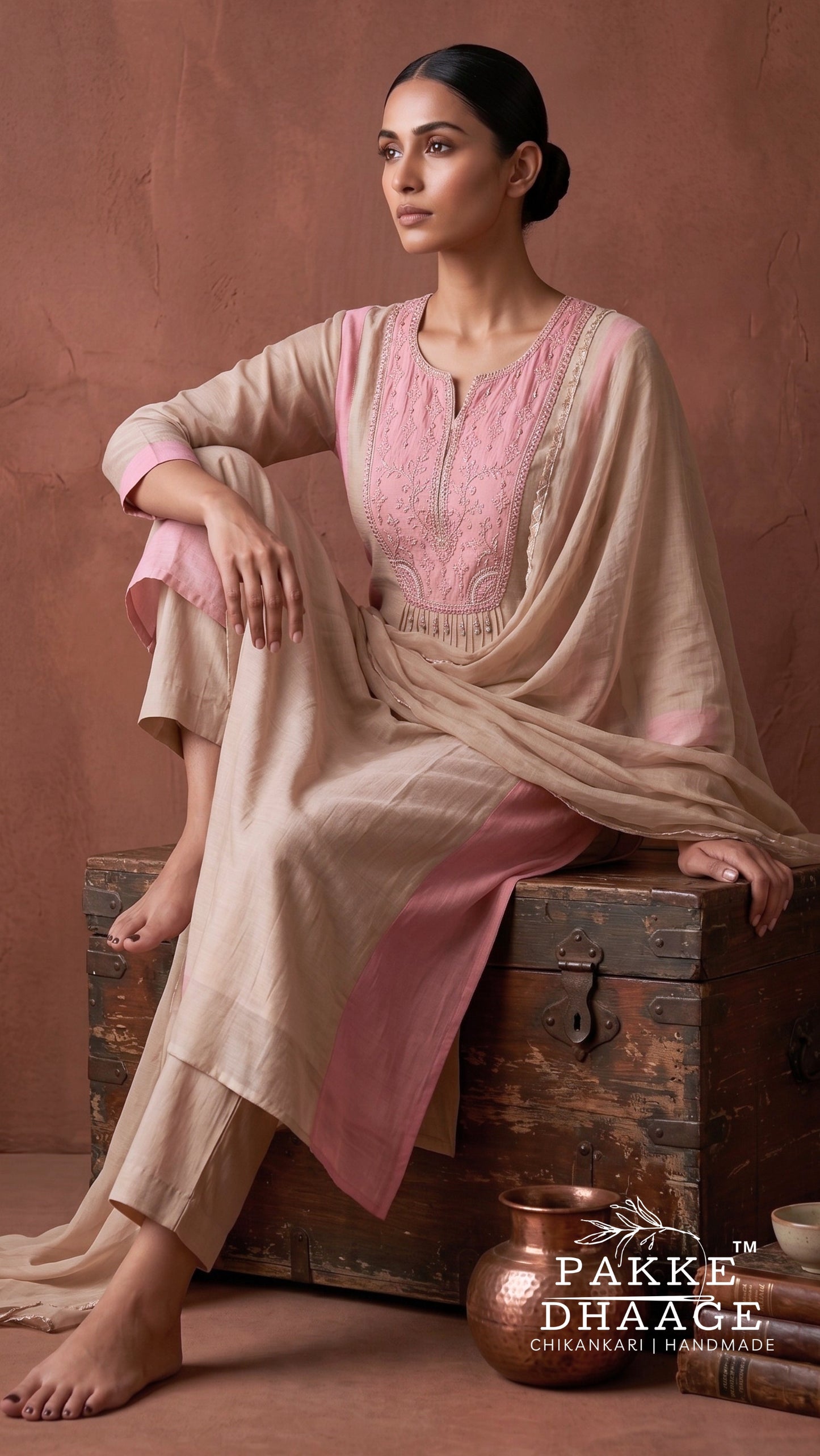 Model sitting wearing a beige and blush pink Mul Chanderi straight kurta set featuring fine embroidery on the pink yoke, pin-tuck pleats, and a draped sheer dupatta. | Pakke Dhaage