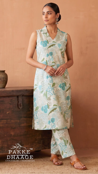 A woman models a sleeveless kurta and trouser set from Pakke Dhaage, featuring a light beige base with a blue and green floral pattern, set against a warm terracotta background.