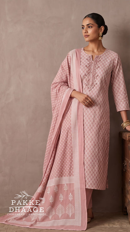 Premium Pure Cotton 3-Piece Printed Kurta Set with Embroidery