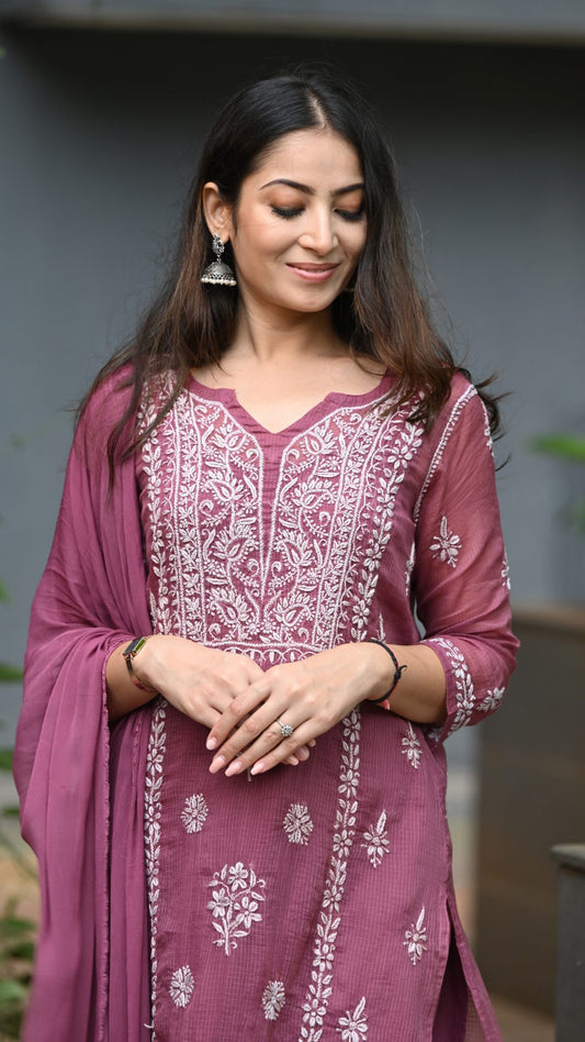 Aleena Pure Kota Doria Chikankari Kurta and Kurta Sets - Windsor Wine
