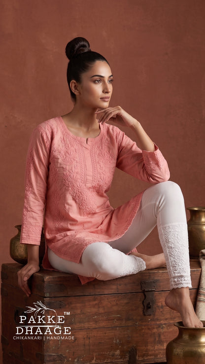 Rumi Pure Cotton Chikankari Knee Length Kurti - Mocha Brown