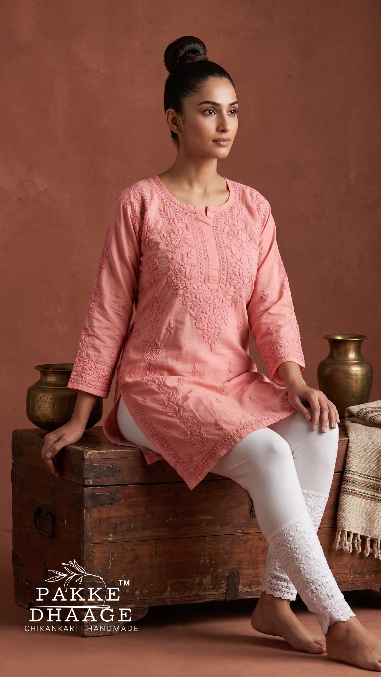 Rumi Pure Cotton Chikankari Knee Length Kurti - Mocha Brown
