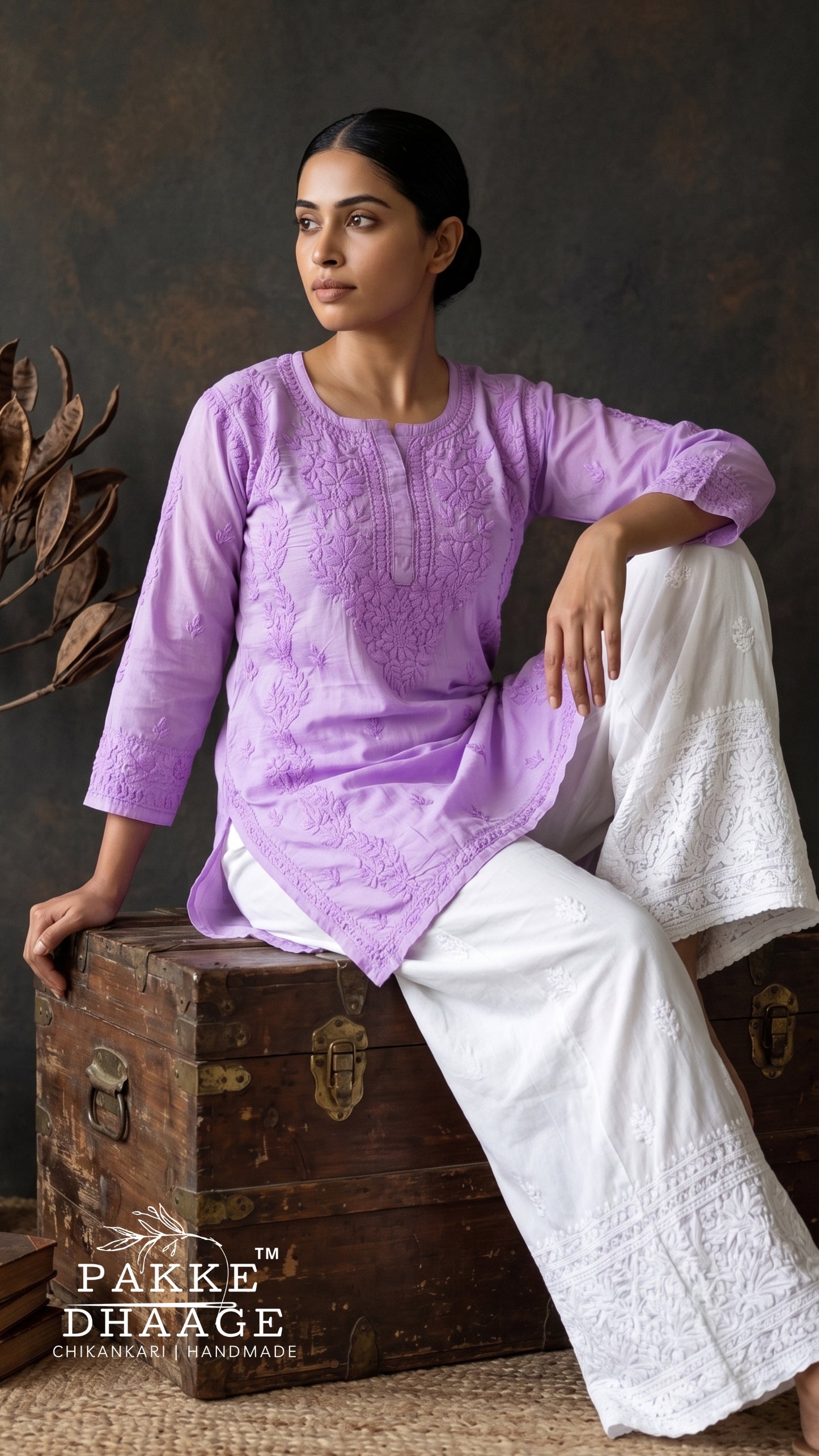 Rumi Pure Cotton Chikankari Knee Length Kurti - Lilac