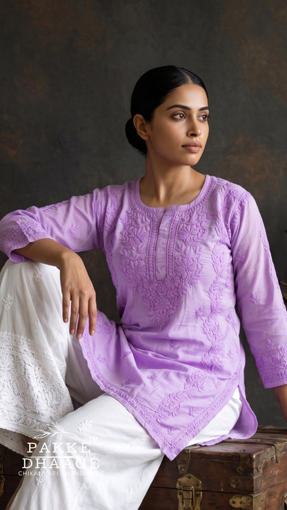 Rumi Pure Cotton Chikankari Knee Length Kurti - Lilac