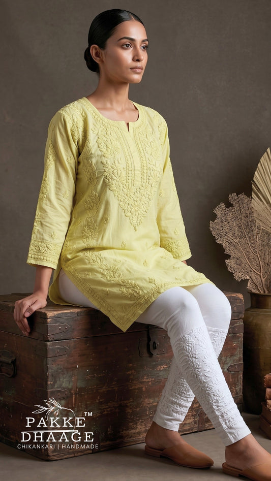 Rumi Pure Cotton Chikankari Knee Length Kurti - Pista Green