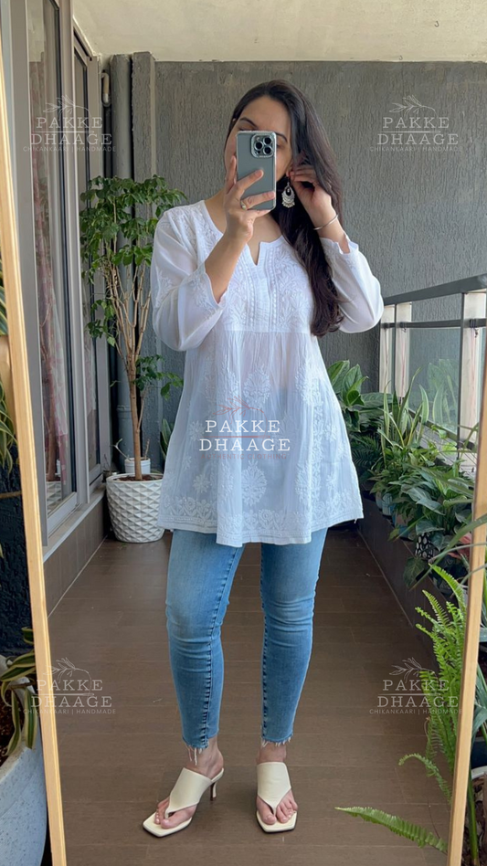 Arzoo Pure Mulmul Short Kurti - Moonlight White