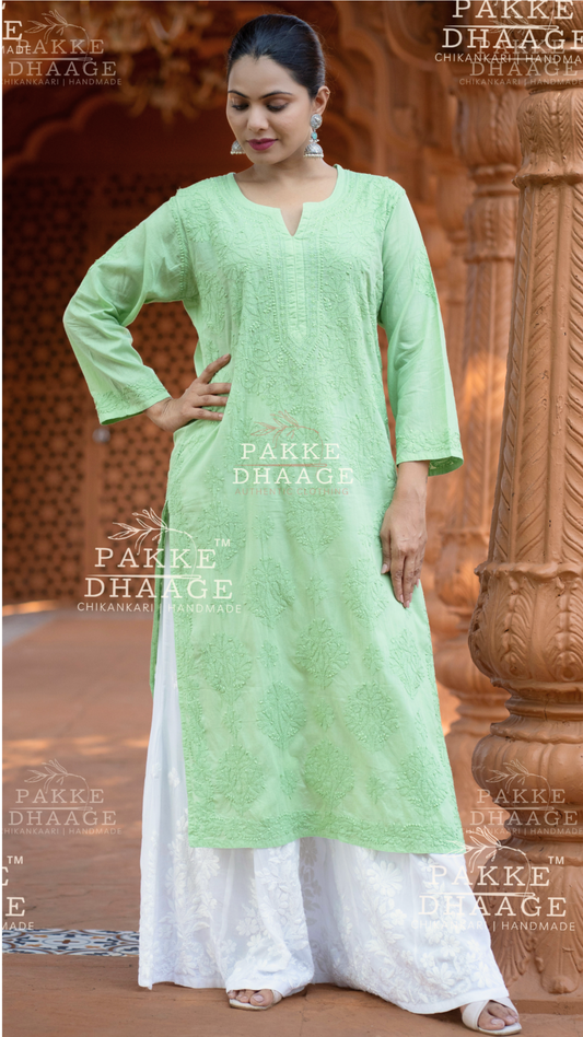 Zarah Pure Mulmul Chikankari Kurta - Tomatillo Green