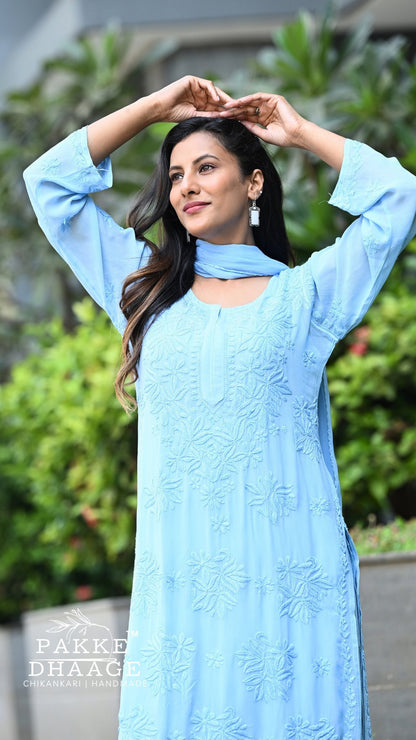 Aayat Pure Viscose Chikankari Sets with 3D Work Alpine Mist