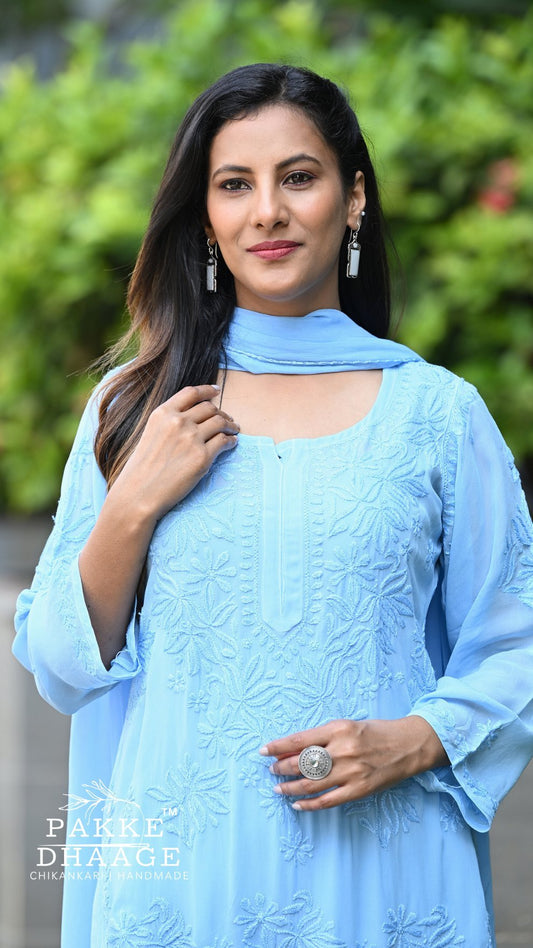 Aayat Pure Viscose Chikankari Sets with 3D Work Alpine Mist