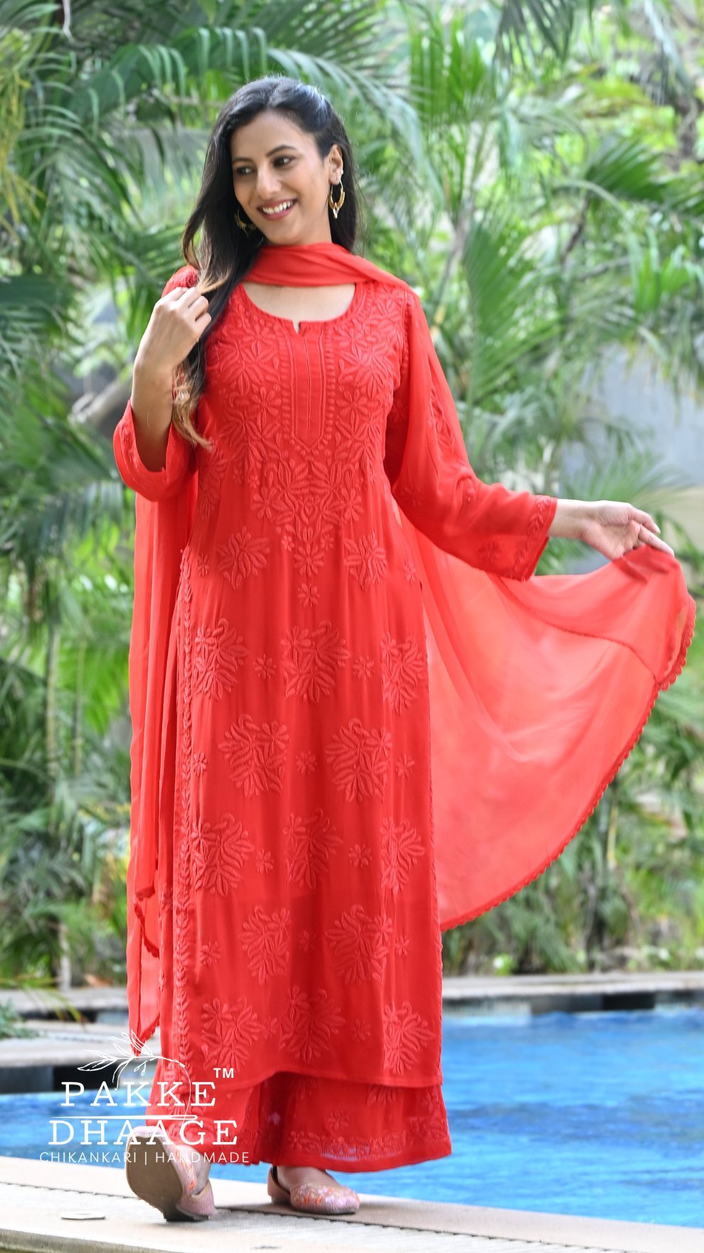 Aayat Pure Viscose Chikankari Sets with 3D Work Cayenne Red