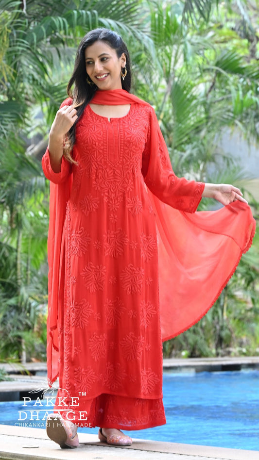 Aayat Pure Viscose Chikankari Sets with 3D Work - Cayenne Red