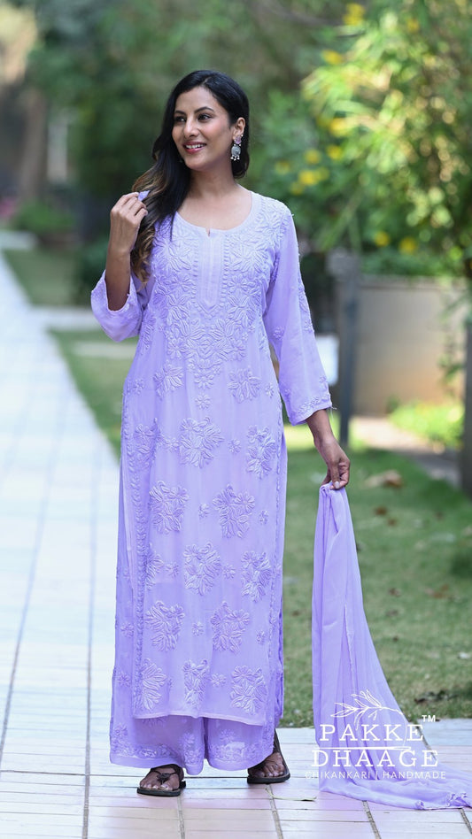 Aayat Pure Viscose Chikankari Sets with 3D Work - Cloud Lilac