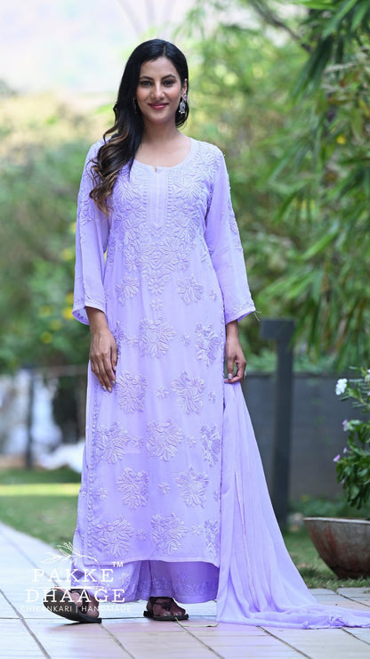 Aayat Pure Viscose Chikankari Sets with 3D Work Cloud Lilac