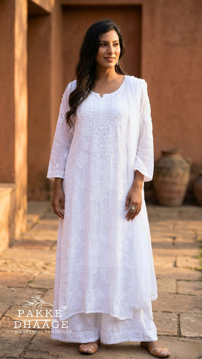 Aayat Pure Viscose Chikankari Sets with 3D Work - Dove White