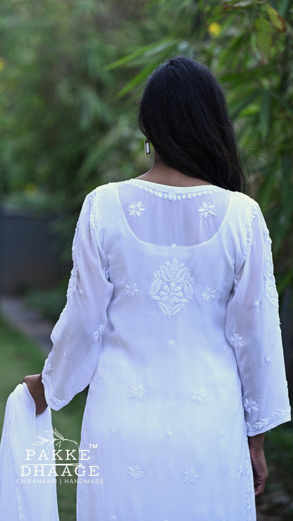 Aayat Pure Viscose Chikankari Sets with 3D Work - Dove White