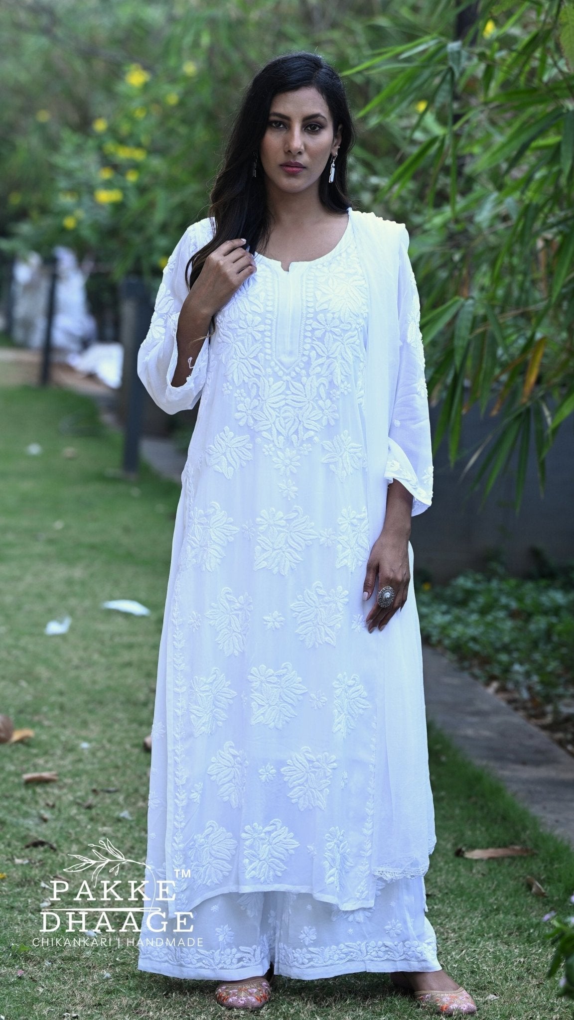 Aayat Pure Viscose Chikankari Sets with 3D Work - Dove White