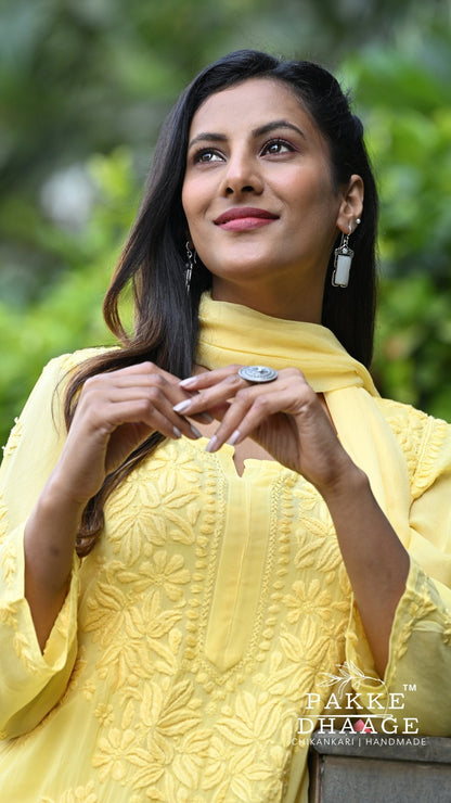 Aayat Pure Viscose Chikankari Sets with 3D Work - Golden Hour Yellow