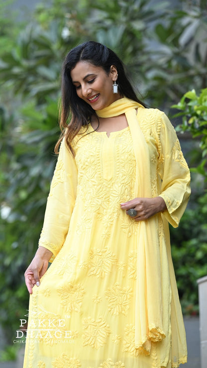 Aayat Pure Viscose Chikankari Sets with 3D Work - Golden Hour Yellow