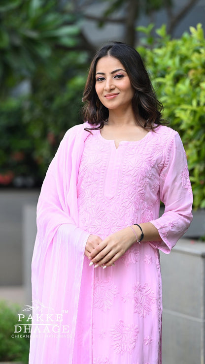 Aayat Pure Viscose Chikankari Sets with 3D Work Macaron Pink