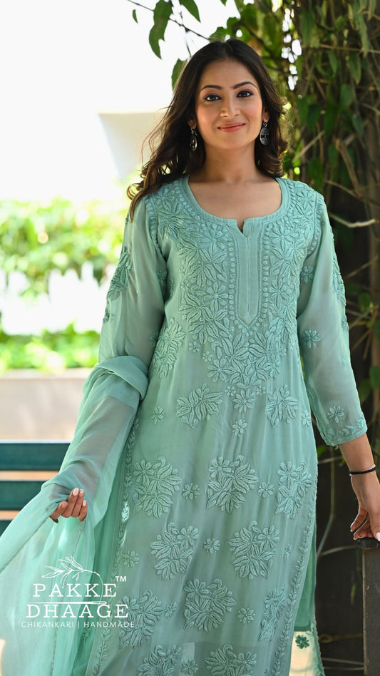 Aayat Pure Viscose Chikankari Sets with 3D Work Neo Mint