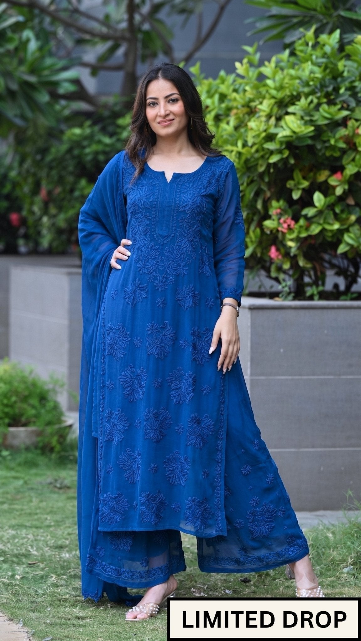 Aayat Pure Viscose Chikankari Sets with 3D Work - Sapphire Blue
