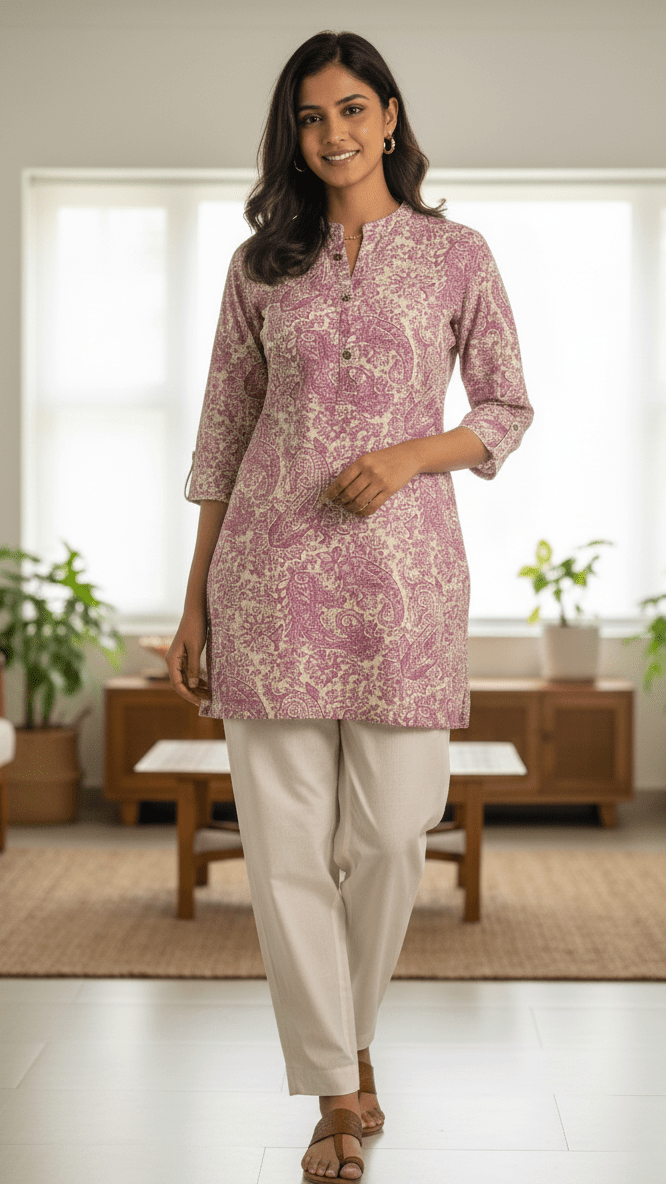 Woman wearing a pink floral kurta with white pants in a bright room with plants.