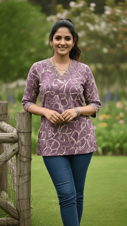 Abstract Pure Muslin Short Top - Wine