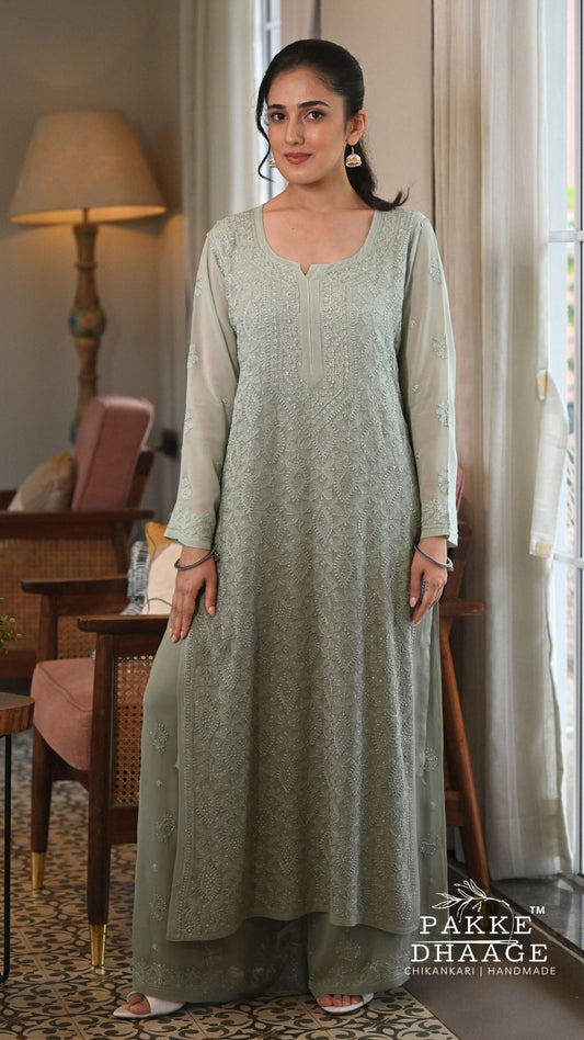Adah Hand-Embroidered Ombre Viscose Georgette Chikankari 4-Piece Set - Olive