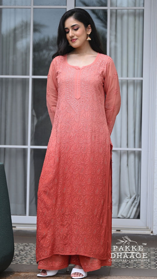 Adah Hand-Embroidered Ombre Viscose Georgette Chikankari 4-Piece Set - Terracotta Sunset Orange