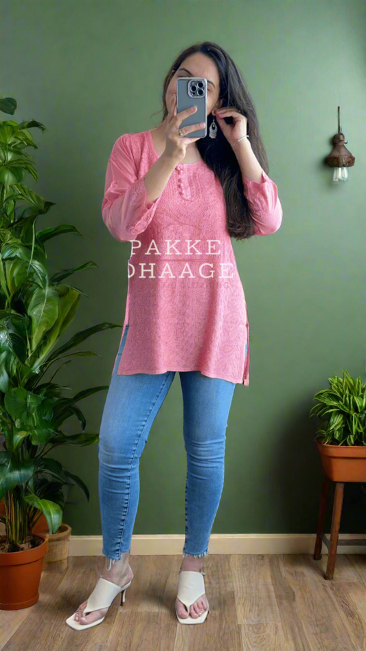 Afreen Muslin Short Kurti - Coral Peach Pakke Dhaage
