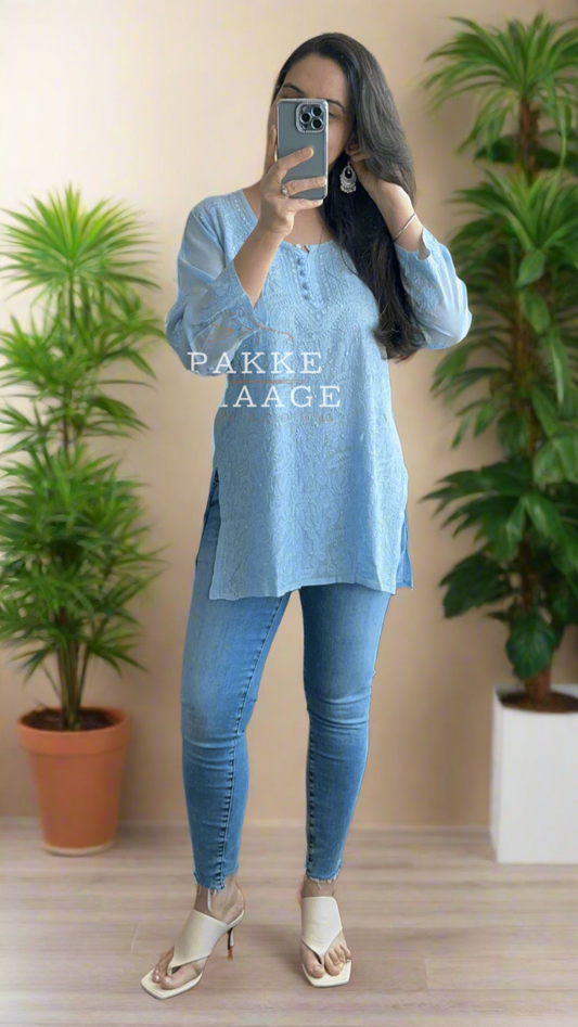 Afreen Muslin Short Kurti - Powder Blue Pakke Dhaage