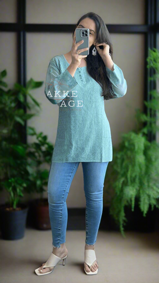 Afreen Muslin Short Kurti - Sea Green Pakke Dhaage