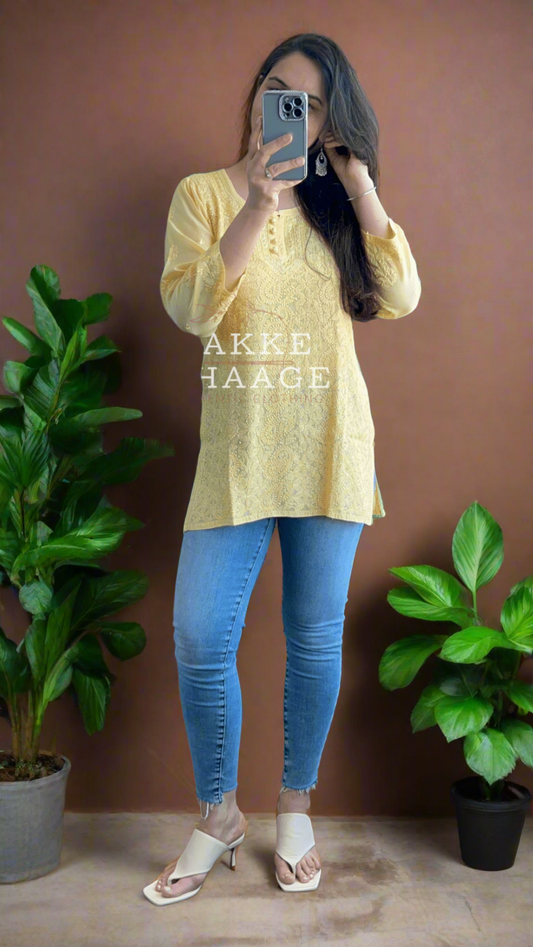 Afreen Muslin Short Kurti - Yellow Pakke Dhaage