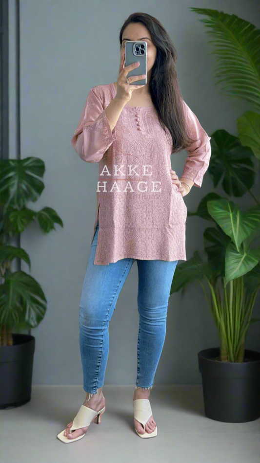 Afreen Pure Muslin Short Kurti - Sandstone Brown Pakke Dhaage