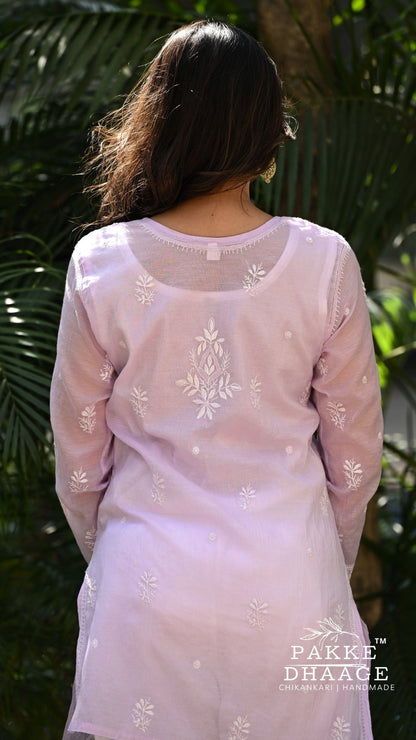 Aisha Pure Mul-Chanderi Chikankari Kurti - Soft Lavender
