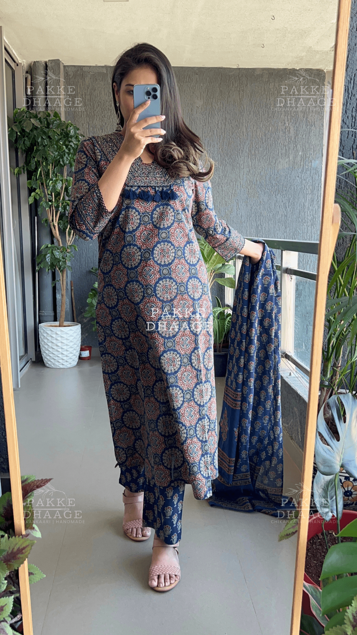 Ajrakh Pure Cotton Suit Set - Dark Blue