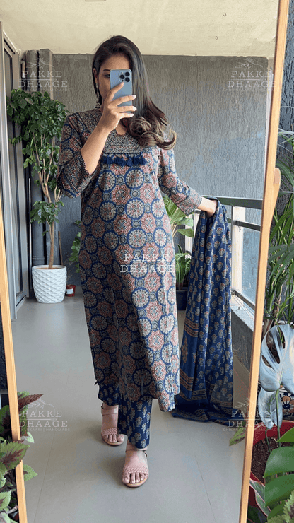 Ajrakh Pure Cotton Suit Set - Dark Blue