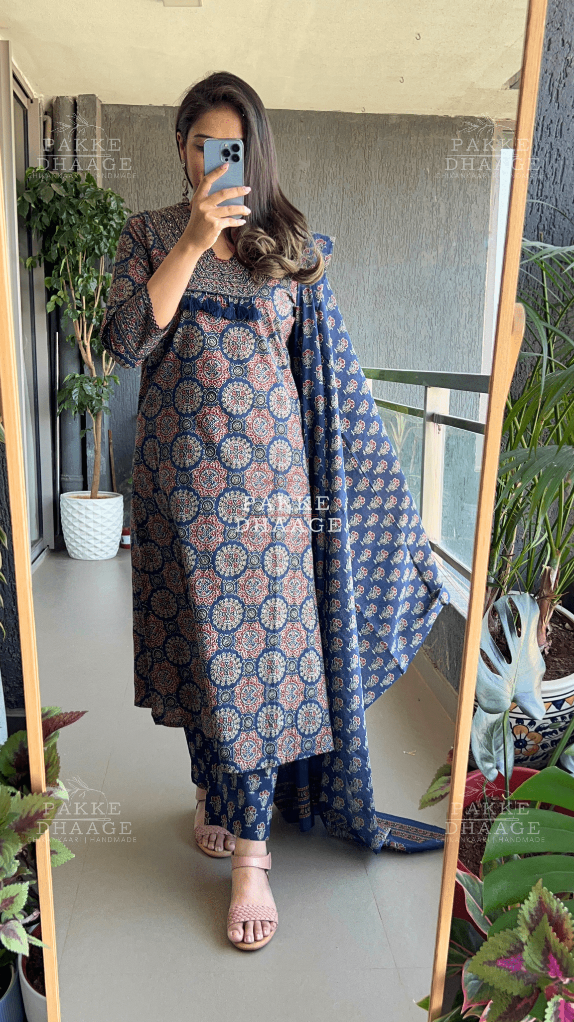 Ajrakh Pure Cotton Suit Set - Dark Blue