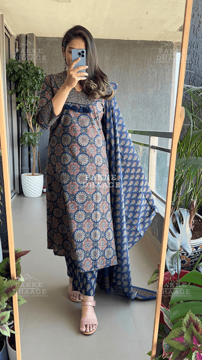 Ajrakh Pure Cotton Suit Set - Dark Blue