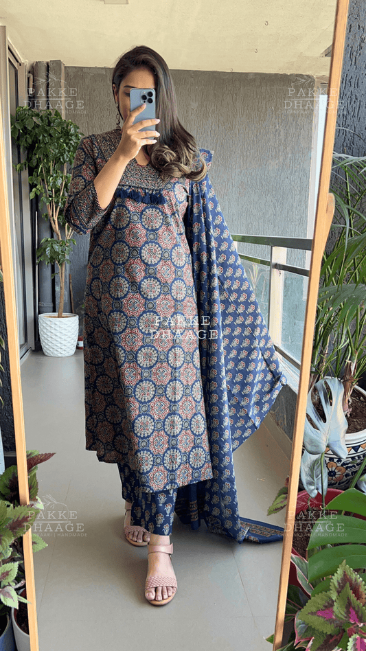 Ajrakh Pure Cotton Suit Set - Dark Blue