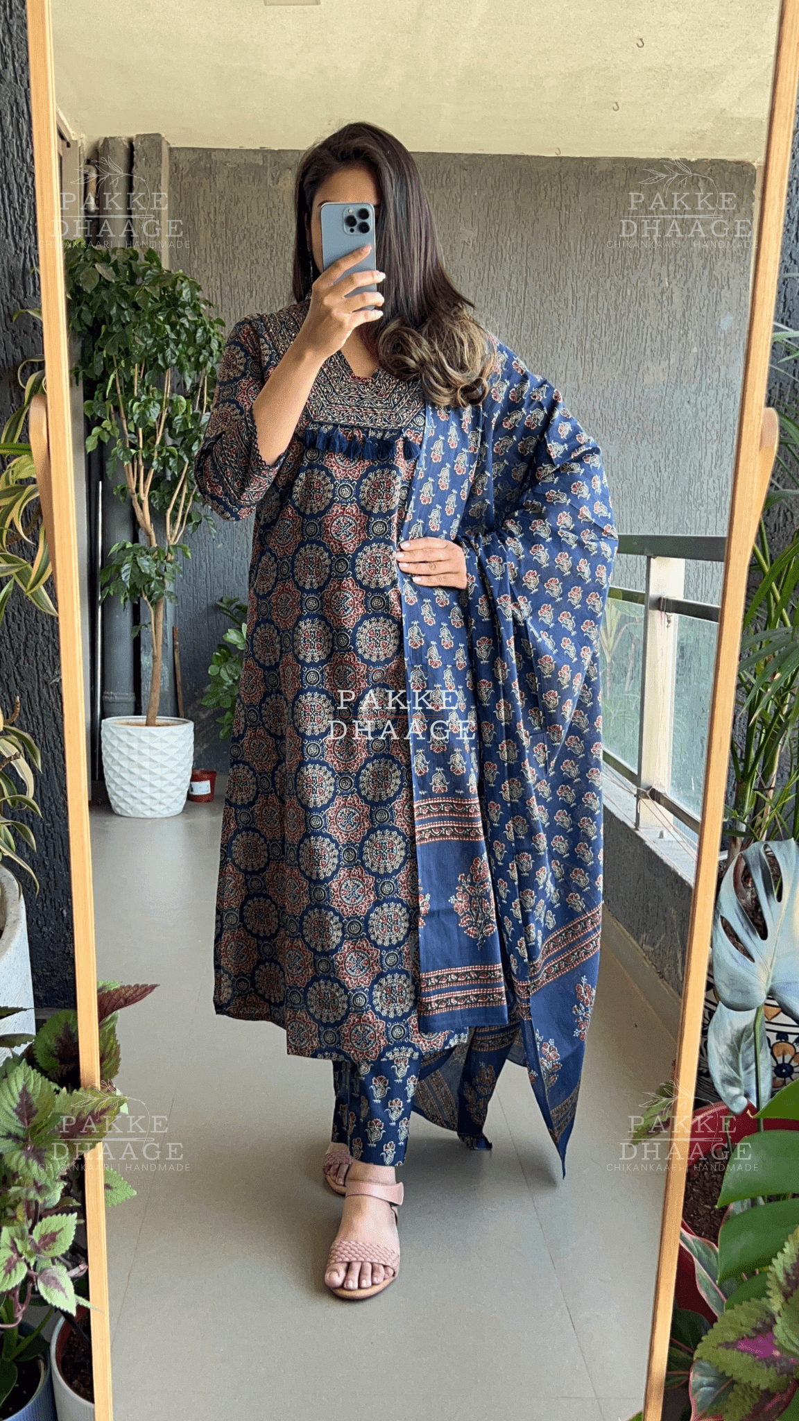 Ajrakh Pure Cotton Suit Set - Dark Blue