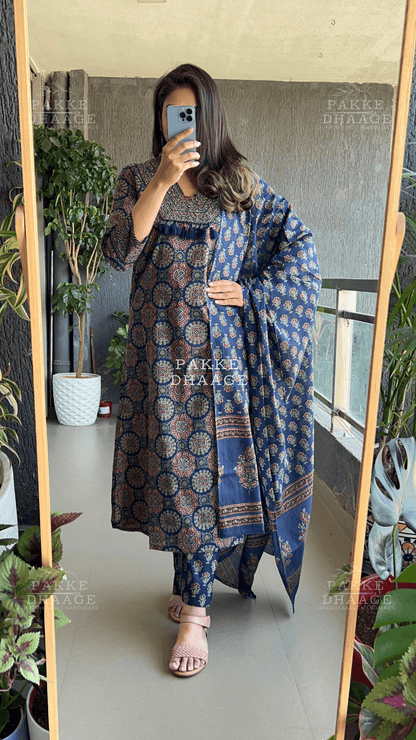 Ajrakh Pure Cotton Suit Set - Dark Blue