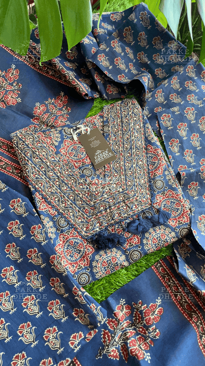 Ajrakh Pure Cotton Suit Set - Dark Blue