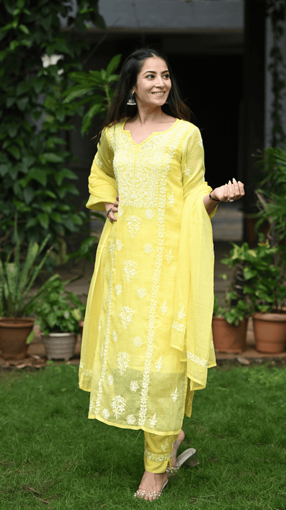 Aleena Pure Kota Doria Chikankari Kurta and Kurta Sets - Buttercup Yellow