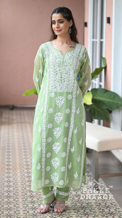 Aleena Pure Kota Doria Chikankari Kurta and Kurta Sets - Celadon green