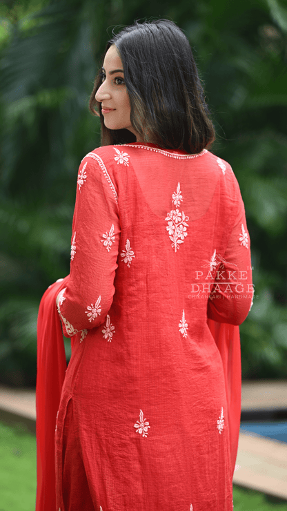 Aleena Pure Kota Doria Chikankari Kurta and Kurta Sets - Crimson Red